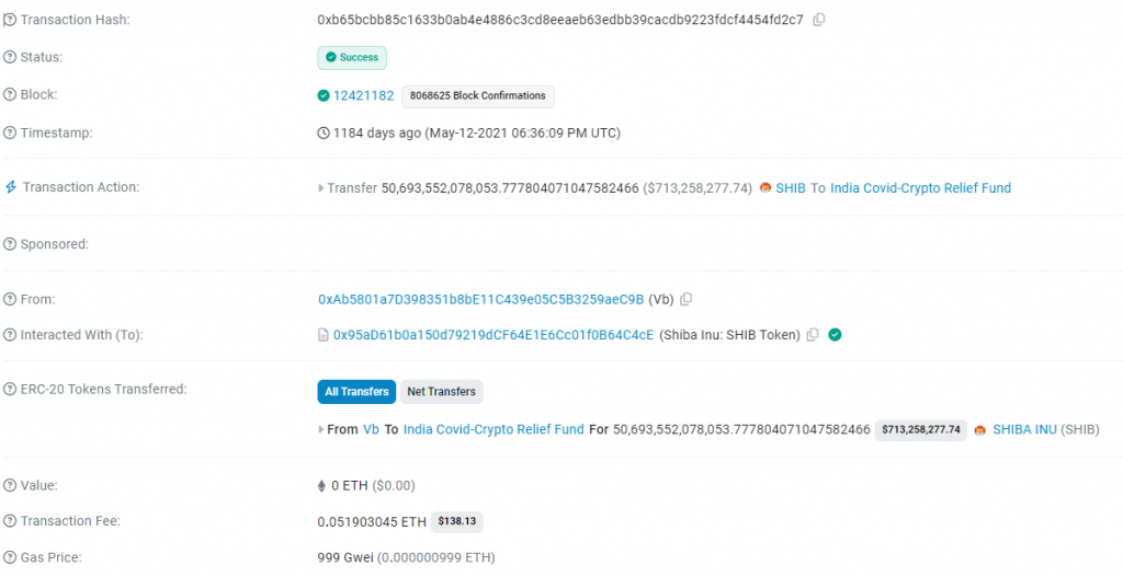 Buterin’s $1 billion SHIB donation. Source: Etherscan
