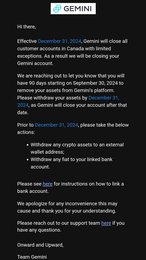 Gemini notified Canadian customers of the impending closure via email. Source: Gemini 