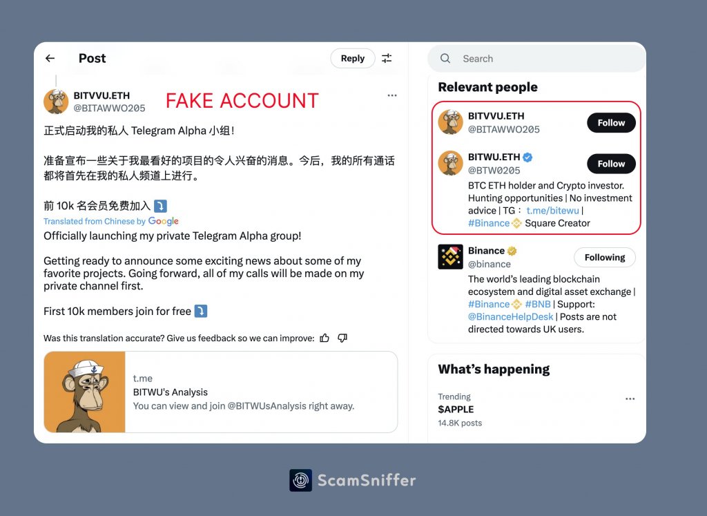 Scammers are impersonating well-known crypto influencers on X, tricking users into joining malicious Telegram groups. Source: Scam Sniffer